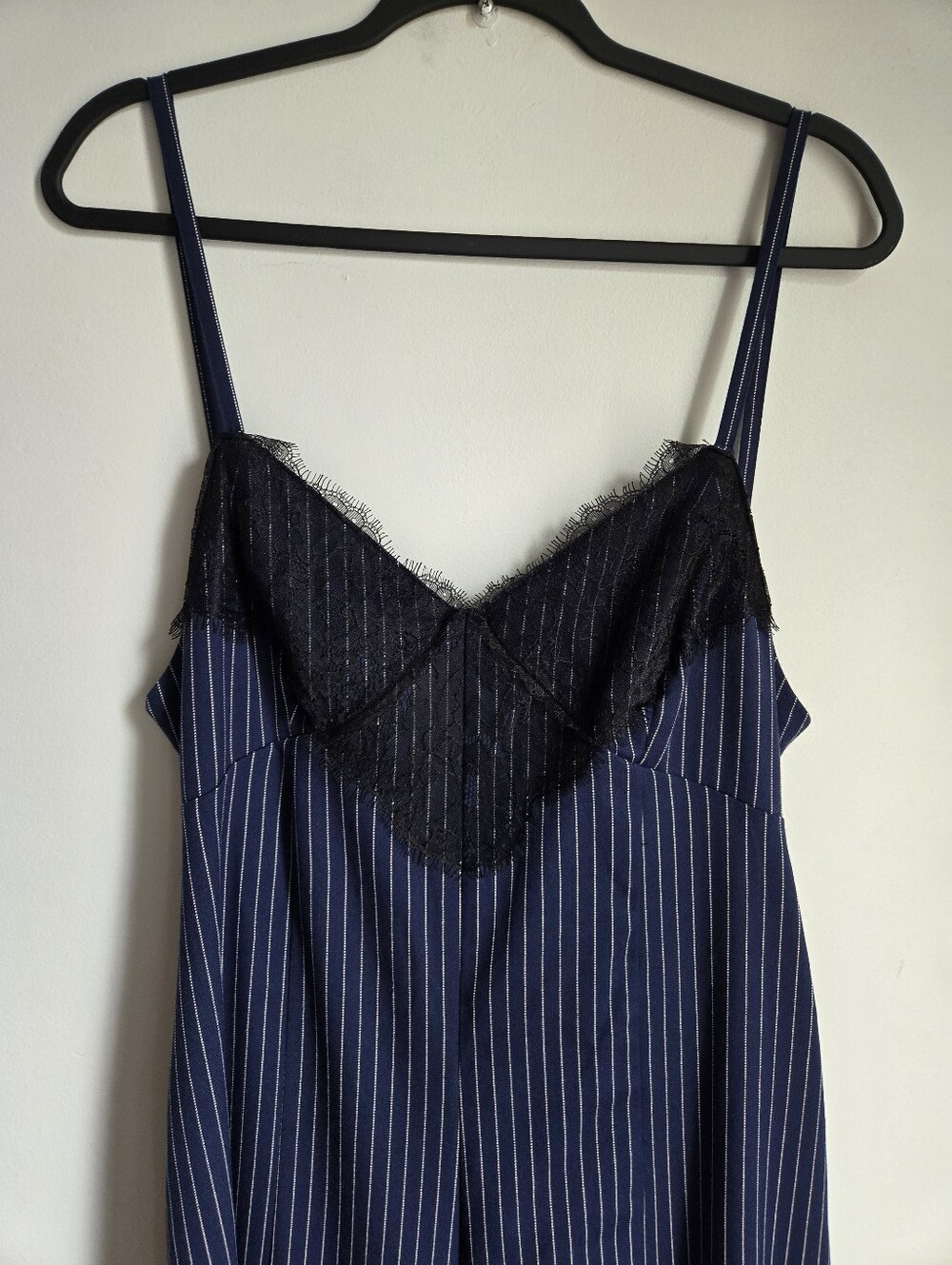 FREE PEOPLE Navy Pinstripe with Black Lace Trim And Wide-Leg Jumpsuit